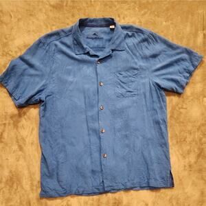 Mens Tommy Bahama Short Button Shirt L Blue 100% Silk Hawaiian Beach Floral